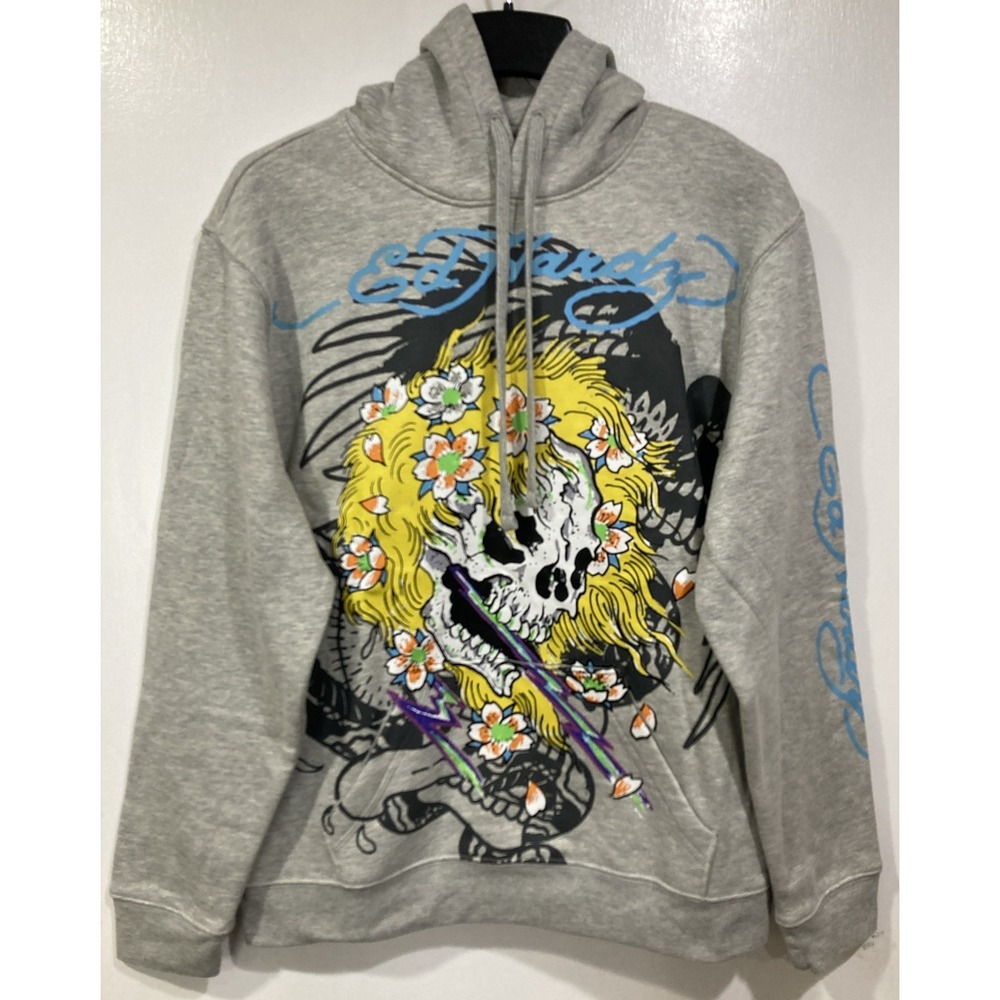 Ed Hardy Designs Lighting Skull Tattoo Hoodie Sweatshirt Gray‎ Size Large NWT
